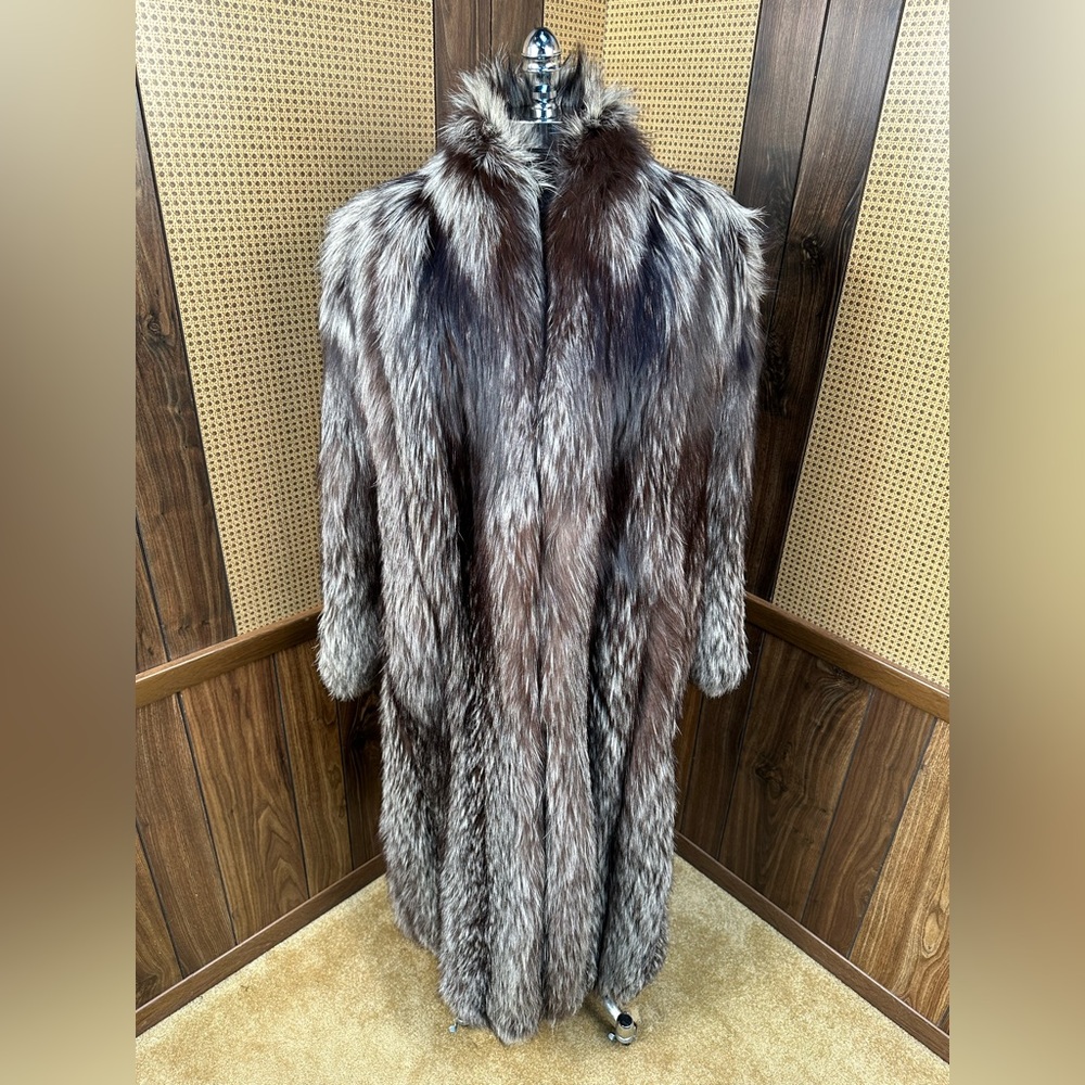 Luxurious Brown Silver Fox Fur Long Coat